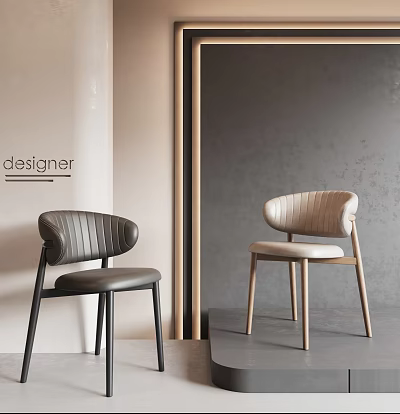 Designer Modern Leisure Chairs with Curved Back Leather Upholstery and Wooden Legs 3d model