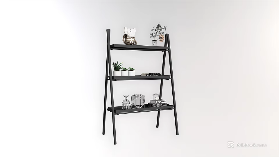 Black Ladder Shelf With Decorative Plants And Miniature Ornaments For Indoor Garden 3d model 