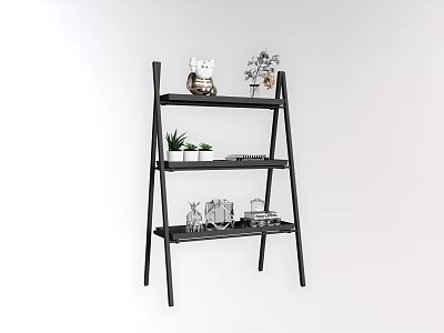 Black Ladder Shelf With Decorative Plants And Miniature Ornaments For Indoor Garden 3d model