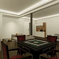 Modern Clubhouse Reception Area With Wooden Ceiling Marble Counter Display Shelves And Glass Door