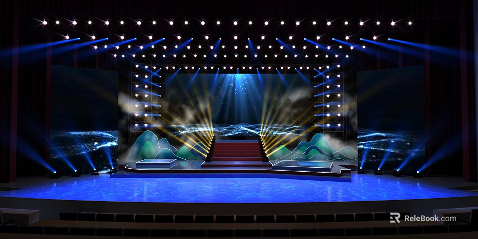 Professional Stage Setup With Bright Lights Red Carpeted Staircase And Digital Mountain Patterns 3d model