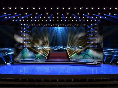 Professional Stage Setup With Bright Lights Red Carpeted Staircase And Digital Mountain Patterns 3d model