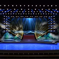 Professional Stage Setup With Bright Lights Red Carpeted Staircase And Digital Mountain Patterns 3d model