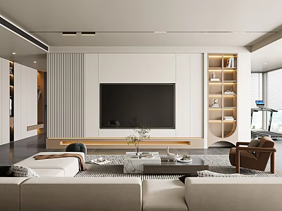 Modern Living Room Interior Design With Large Screen TV Beige Sofa Brown Chair And Bookshelves 3d model