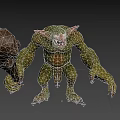 Green Monster Game Movie Character With Large Ears Red Eyes Sharp Teeth Holding Giant Club