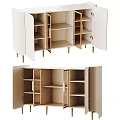 Modern Beige Ribbed Cabinet With Open Doors Shelves And Gold Metal Legs