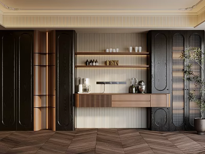 Modern Luxury Wooden Black Sideboard With Open Shelves Decorative Items And LED Strip Lights 3d model