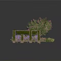 Garden Scene With Pink Flower Tree Purple Flowers Wooden Pergola And Woven Fence
