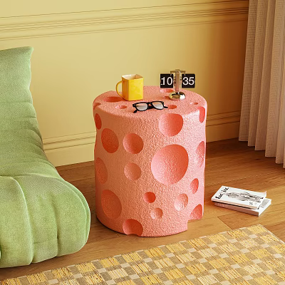 Pink Cheese Shaped Round Side Table With Yellow Mug Eyeglasses And Small Clock 3d model