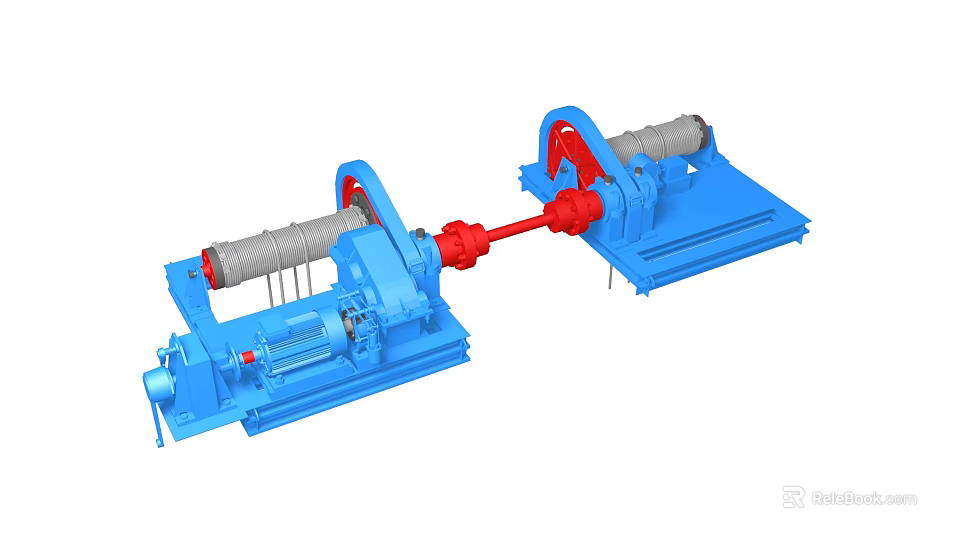 Blue and Red Industrial Equipment With Connected Drums And Base Frames 3d model