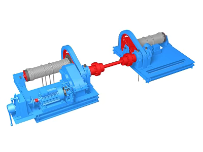 Blue and Red Industrial Equipment With Connected Drums And Base Frames 3d model