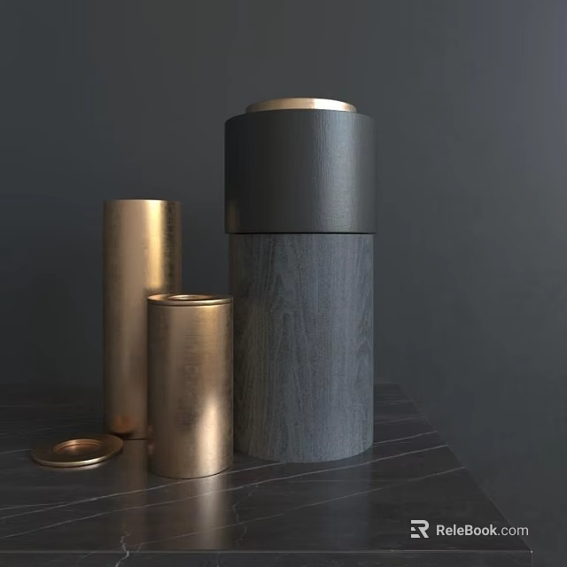 Decorative Ornament Set With Cylindrical Golden Gray And Wooden Texture Pieces Including Lid On Tabletop 3d model 