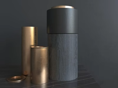 Decorative Ornament Set With Cylindrical Golden Gray And Wooden Texture Pieces Including Lid On Tabletop 3d model