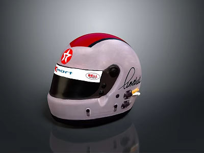 Detailed Sculpture Carving of White Red Race Helmet with Brand Logos and Autograph 3d model