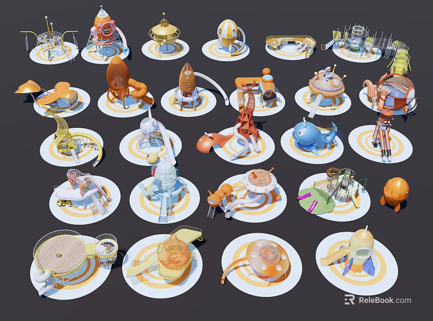 Various Colorful Playground Equipment with Fun Designs for Kids Outdoor Activities 3d model 