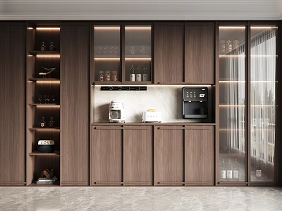 Elegant Modern Wine Cabinet Interior Design With Dark Brown Wooden Glass Doors And Coffee Machine 3d model