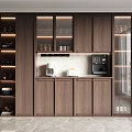 Elegant Modern Wine Cabinet Interior Design With Dark Brown Wooden Glass Doors And Coffee Machine