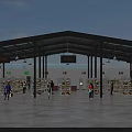 Spacious Open Market Interior With Rows Of Shelves Hanging Signs And People Shopping