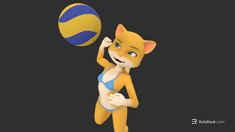 Yellow Cartoon Cat In Blue Bikini Playing With Yellow And Blue Volleyball 3d model 
