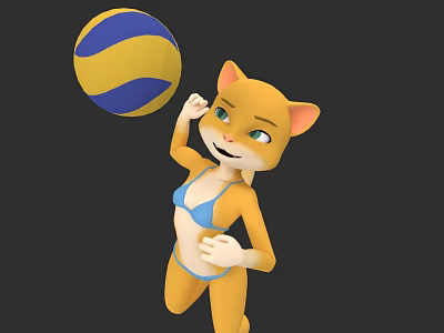 Yellow Cartoon Cat In Blue Bikini Playing With Yellow And Blue Volleyball 3d model