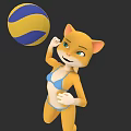 Yellow Cartoon Cat In Blue Bikini Playing With Yellow And Blue Volleyball