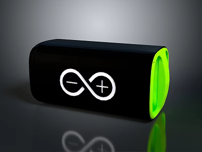 Black Cylindrical Device With Green Edge And White Infinity Plus Symbol On Reflective Surface 3d model