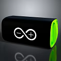 Black Cylindrical Device With Green Edge And White Infinity Plus Symbol On Reflective Surface