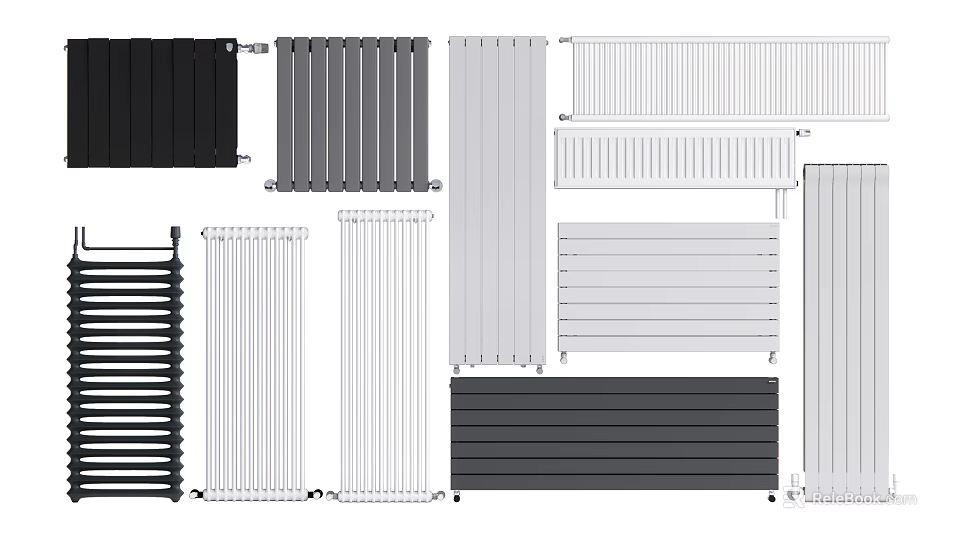 Different Types of Radiators Including Vertical Horizontal and Panel Designs in Black White and Gray 3d model 