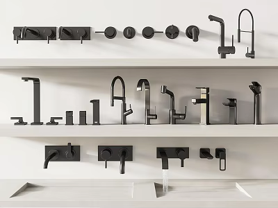Various Modern Faucet Designs for Kitchen and Bathroom Displayed on Shelves 3d model