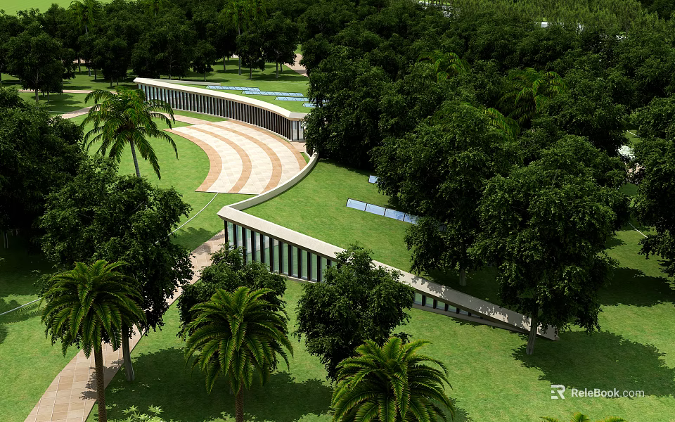 Scenic Park Landscape With Lush Green Trees Palm Trees Winding Paths And Grass Lawns 3d model 