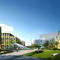 Contemporary Industrial Warehouse Featuring Glass Facade Plaza Area And Pedestrians Near Tall Buildings