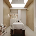 Relaxing SPA Sauna Interior With Wooden Walls Massage Table And Shutter Window