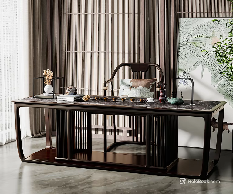 Modern Elegant Chinese Tea Table And Chair With Marble Top Tea Sets And Green Plant 3d model 