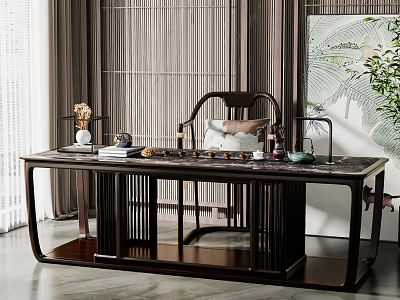 Modern Elegant Chinese Tea Table And Chair With Marble Top Tea Sets And Green Plant 3d model