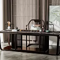 Modern Elegant Chinese Tea Table And Chair With Marble Top Tea Sets And Green Plant