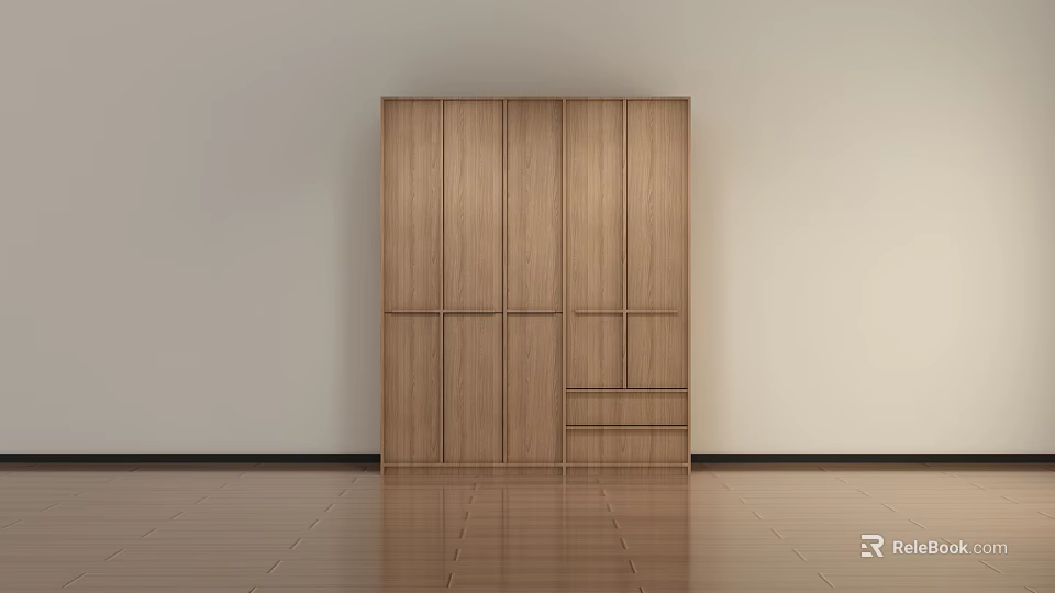 Modern Wooden Wardrobe Design With Multiple Doors Drawers And White Wall Wooden Floor 3d model 