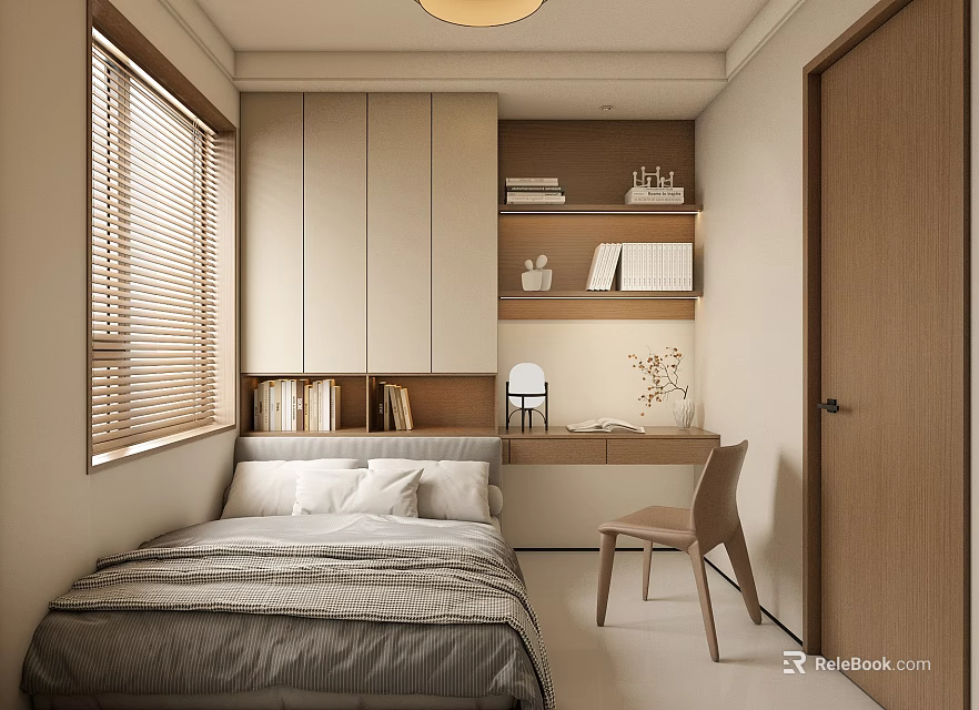 Modern Tatami Bedroom Interior With Tatami Bed Gray Bedding White Pillows Desk Bookshelf And Blinds 3d model 