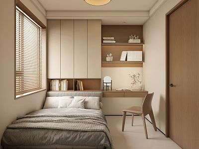 Modern Tatami Bedroom Interior With Tatami Bed Gray Bedding White Pillows Desk Bookshelf And Blinds 3d model