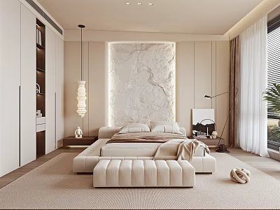 Modern Bedroom Interior With Marble Headboard Wall Large Bed Built in Wardrobes And Upholstered Bench 3d model