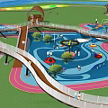 Colorful Children's Playground With Water Channels Wooden Pavilions Winding Walkways And Green Lawns