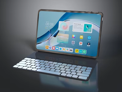 Modern Tablet with Connected Keyboard Showing App Icons Time Display and Interface 3d model