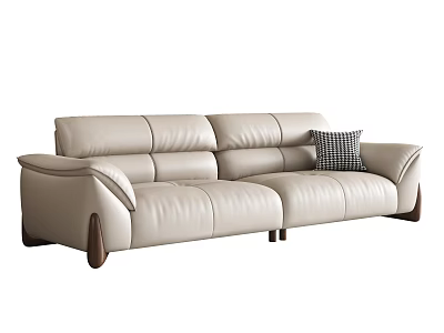 Beige Leather Double Sofa With Checkered Pillow And Wooden Legs 3d model