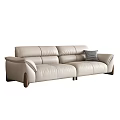 Beige Leather Double Sofa With Checkered Pillow And Wooden Legs