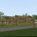 Wooden Structure Office Building With Sunflower Field Surrounding Trees And People Walking