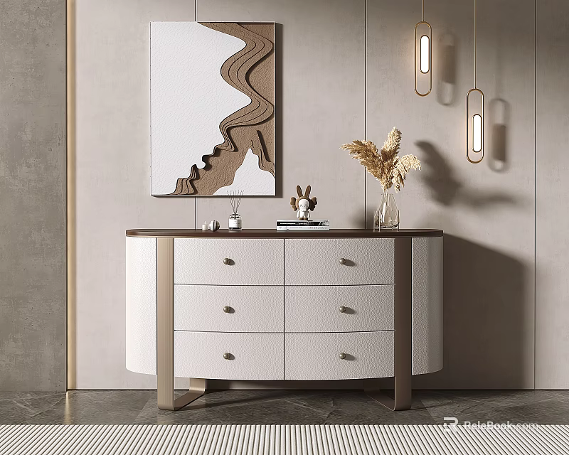 Modern Entryway Console Table And Side Cabinet Interior With White Drawers Mirror And Decorative Vase 3d model 