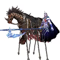 Game Movie Character Horse With Spiked Mane Ornate Saddle Hanging Chains And Blue Weapon