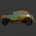 Vintage Modified Car With Orange Blue Rusty Exterior Large Wheels And Yellow Lines On Platform