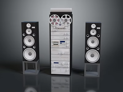 Retro Computer Audio System With Black Multi Speaker Towers And Tape Reel Unit 3d model
