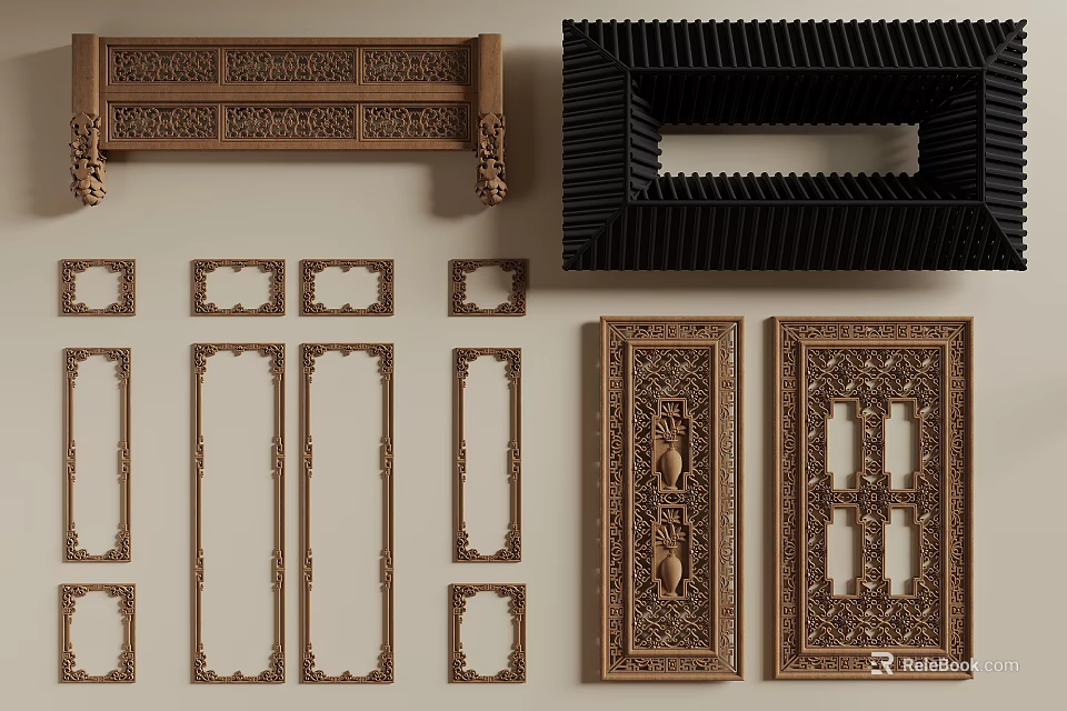 Intricate Wooden Carved Decorative Panels Frames And Ornate Design Elements 3d model
