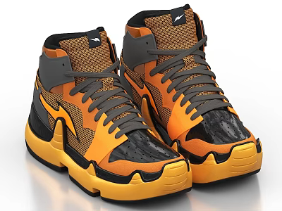Puma High Top Orange Black Mesh Upper Sneakers With Gray Laces And Yellow Thick Sole 3d model